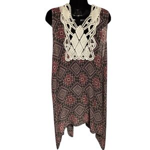 NOBO No Boundaries Whimsycore top crocheted yoke sleeveless Aztec Boho Print Top